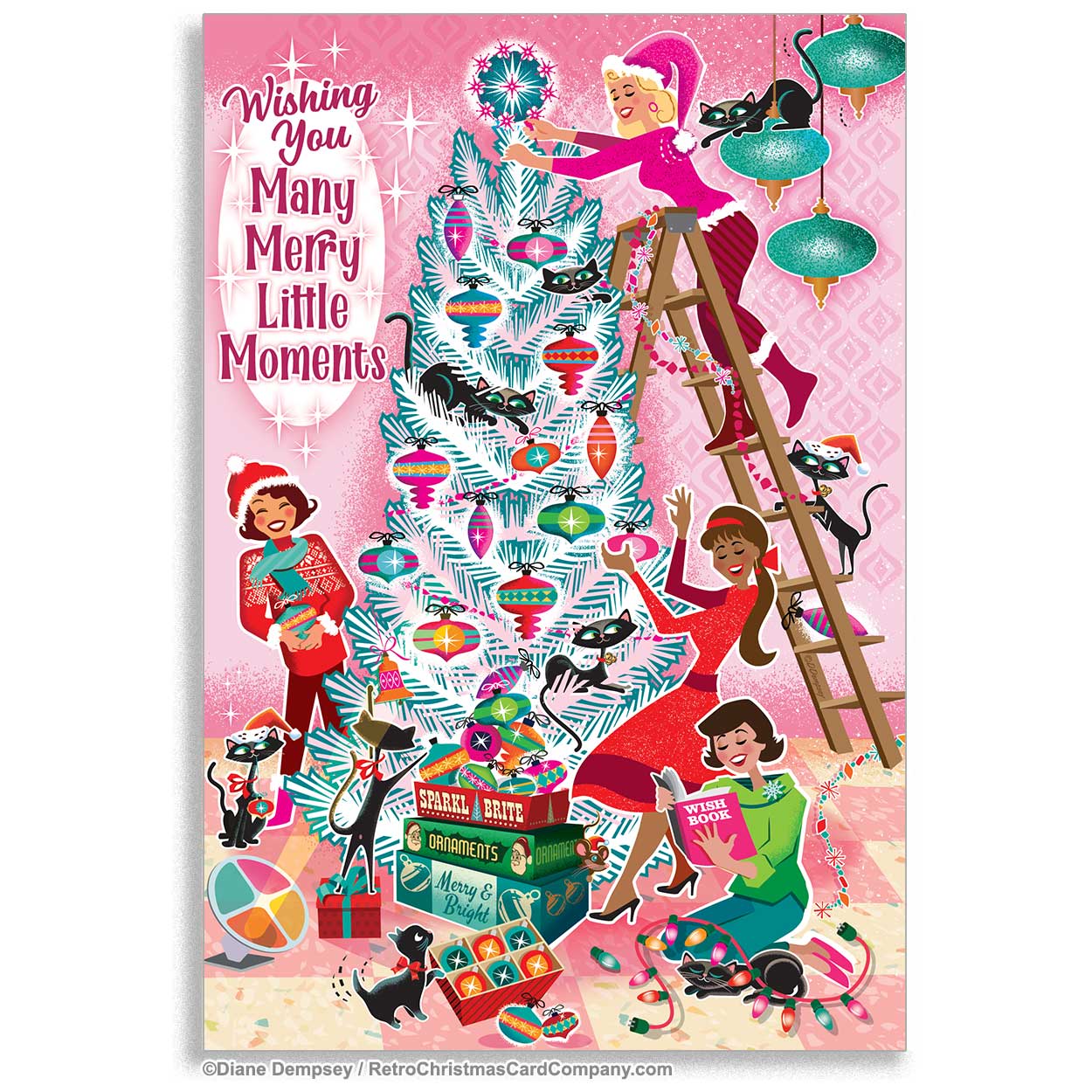 Retro Cats Tree Trimming Scene Christmas Cards